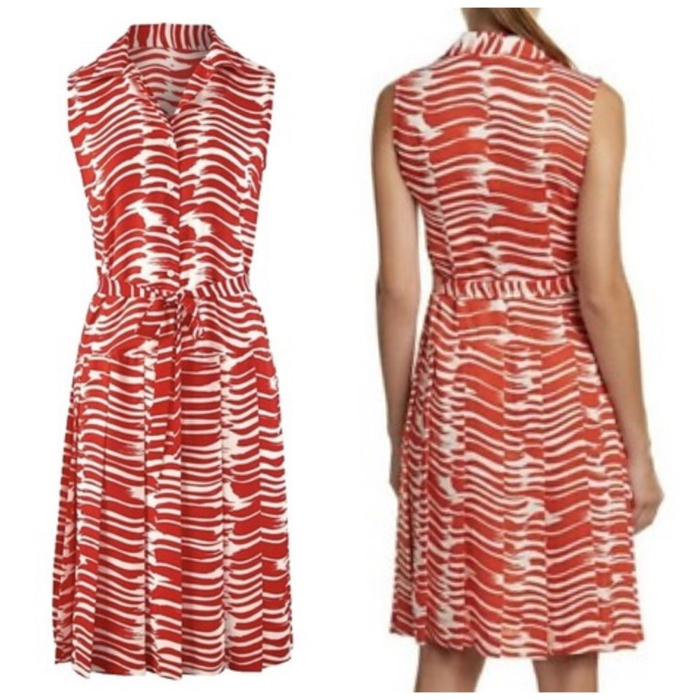 CAbi Red and White Brushstroke Pattern Midi Sleeveless Collared Dress NWOT